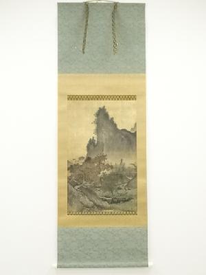 雪舟　水墨四季山水　秋景　印刷工芸　絹本掛軸（共箱）